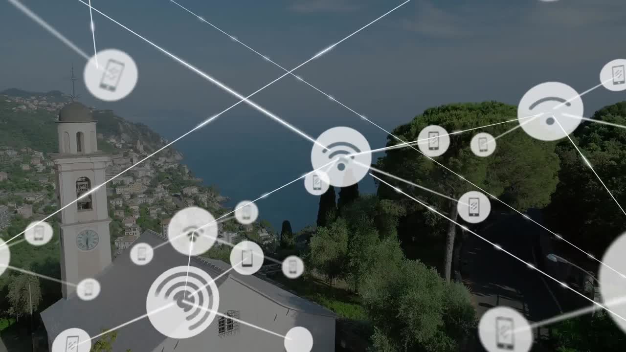 animación de la red de conexiones con iconos sobre el paisaje urbano