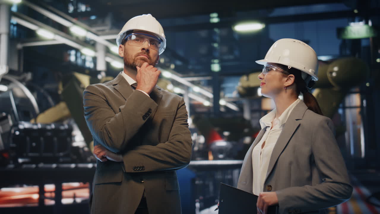 los propietarios de la producción inspeccionan de cerca las instalaciones de la fábrica con cascos de protección.