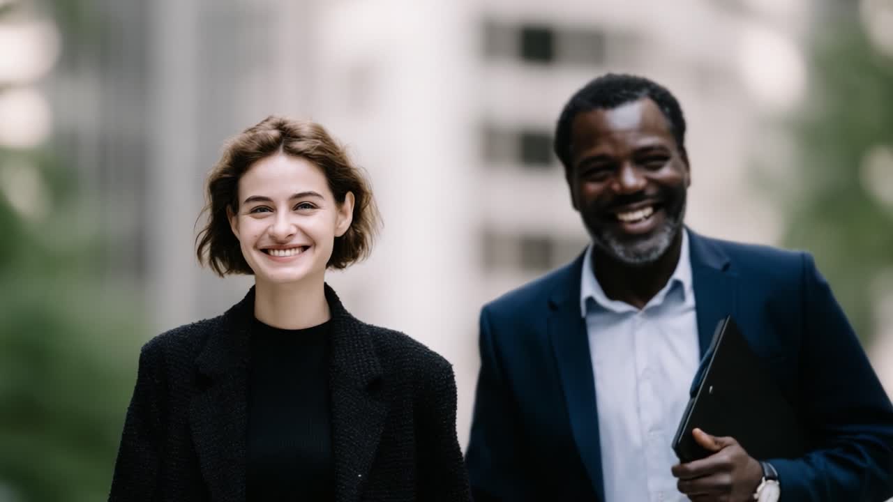 A Joyful Encounter: Two Colleagues Walk Together, Sharing Laughter and Connection Amidst a Modern Urban Landscape