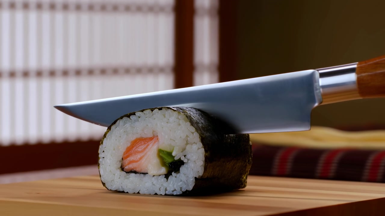 Matala kuvakulma lähikuva näyttää kokin veitsen leikkaamassa siististi sushirullaa puisella leikkuulaudalla lämpimässä japanilaisessa sisustuksessa, paljastaen lohen, riisin, norin ja vihannestäytteen siististi.