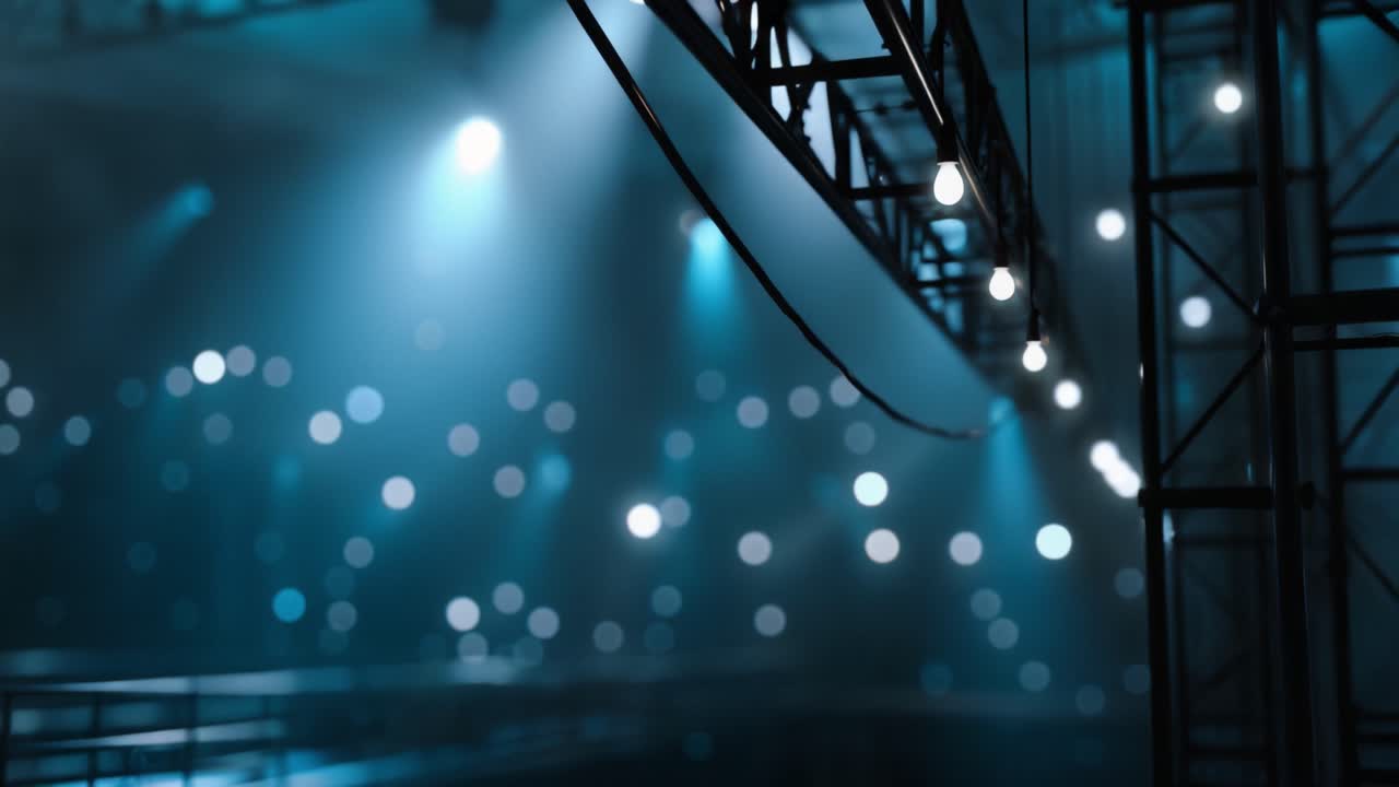 A mesmerizing display of stage lights and fog creating an enchanting atmosphere, illuminating the excitement in a dynamic performance venue environment