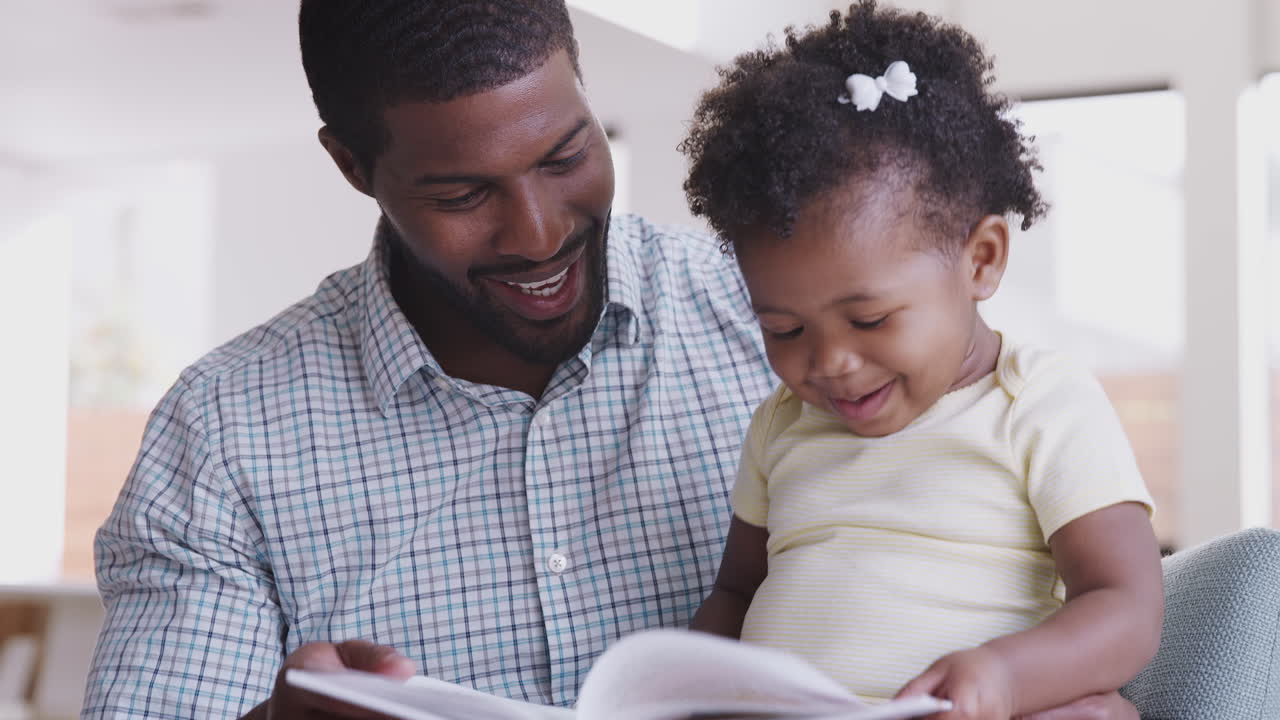 Figlia piccola e padre seduti sul divano che leggono un libro insieme.