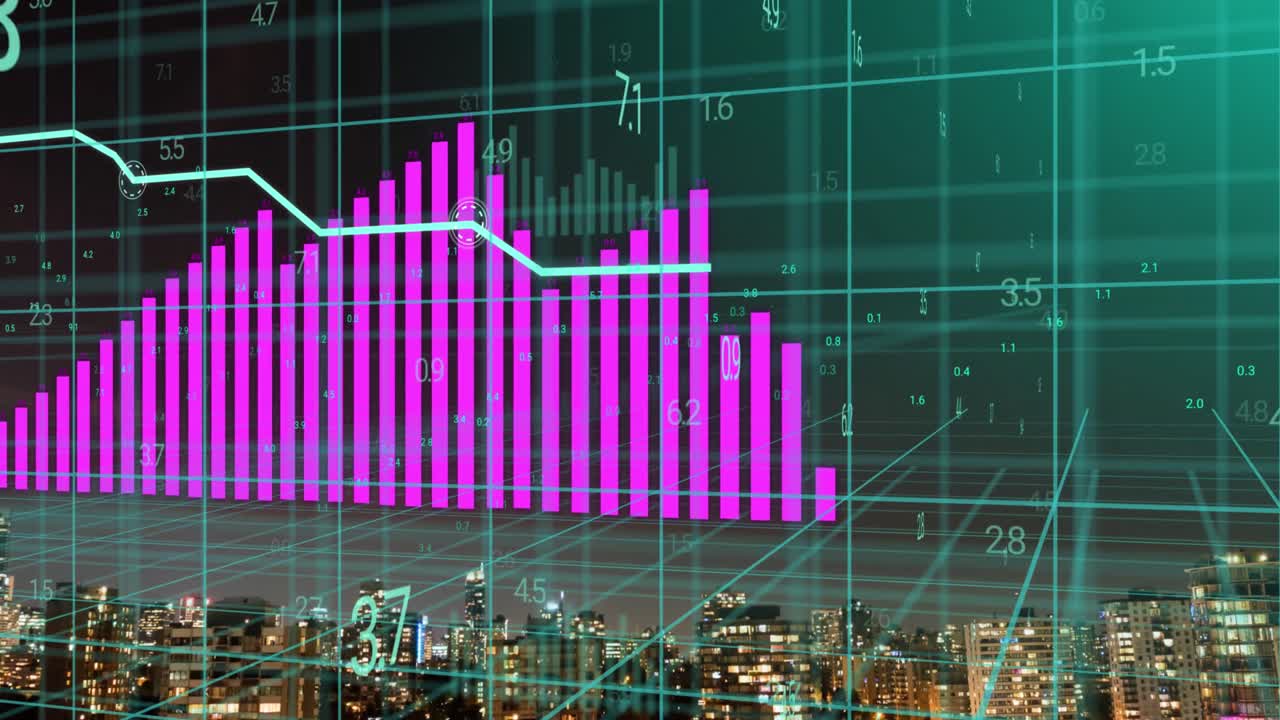 animación de gráficos rosados y azules que procesan datos en la cuadrícula sobre el paisaje urbano