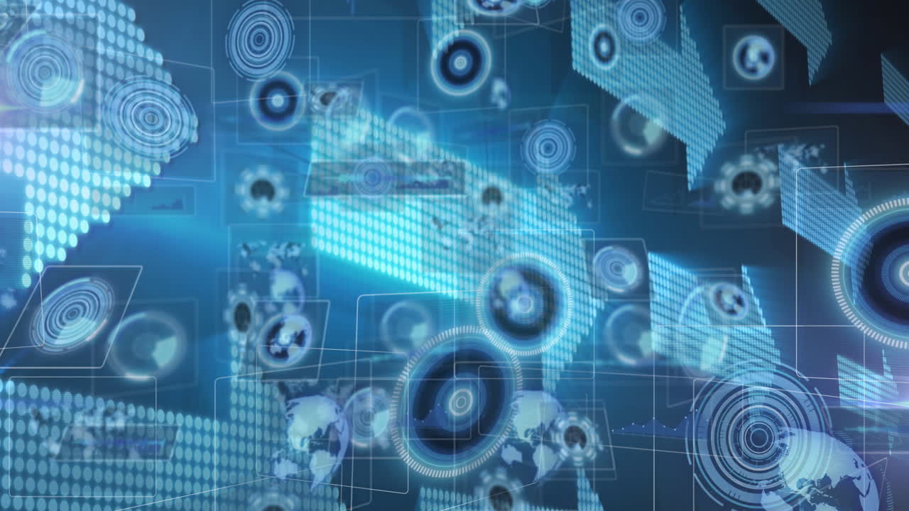 디지털 화살표 위의 화면에서 스캔 및 데이터 처리의 애니메이션