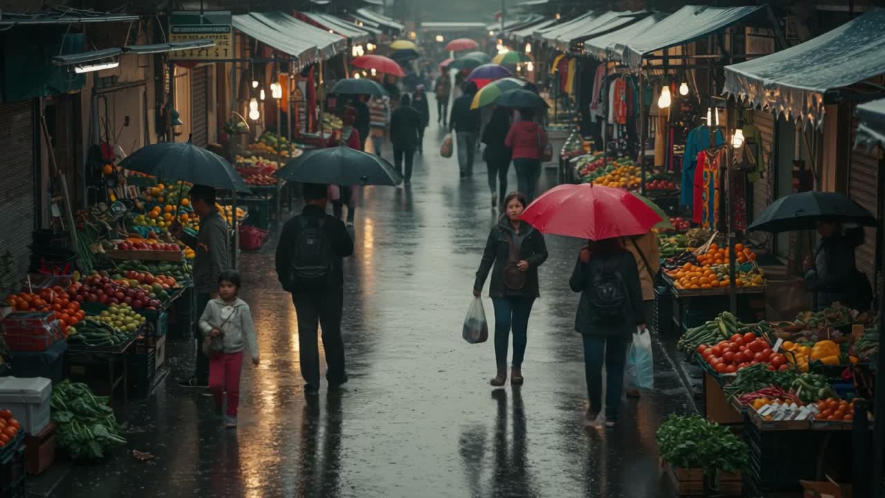 People with umbrellas navigating a vibrant outdoor street market on a rainy day