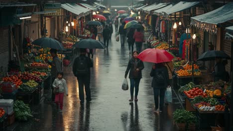 people with umbrellas navigating a vibrant outdoor street market on a rainy day
