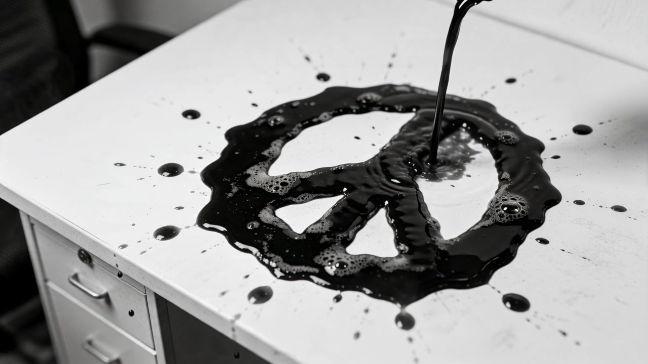 Dunkle, zähflüssige Flüssigkeit wird gegossen und bildet einen Ring auf einem weißen Bürotisch, wobei der Strom nach rechts abfließt.