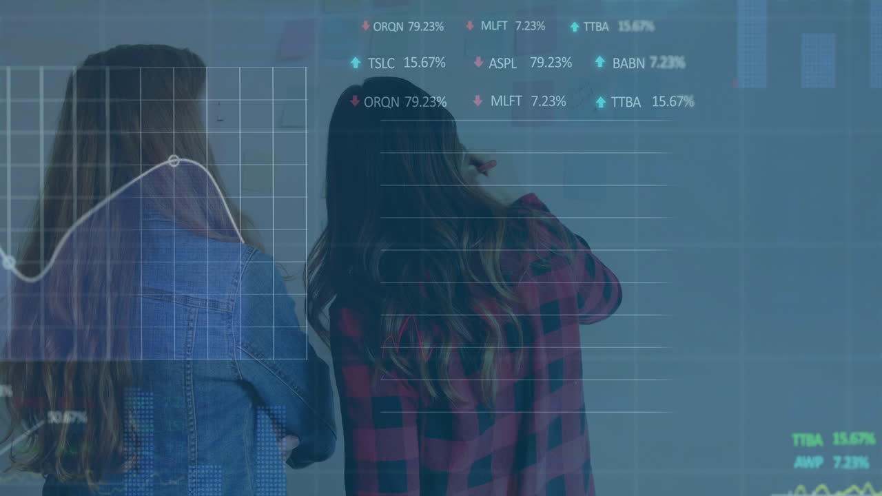 Analyzing financial data projections, two people using large screen in office