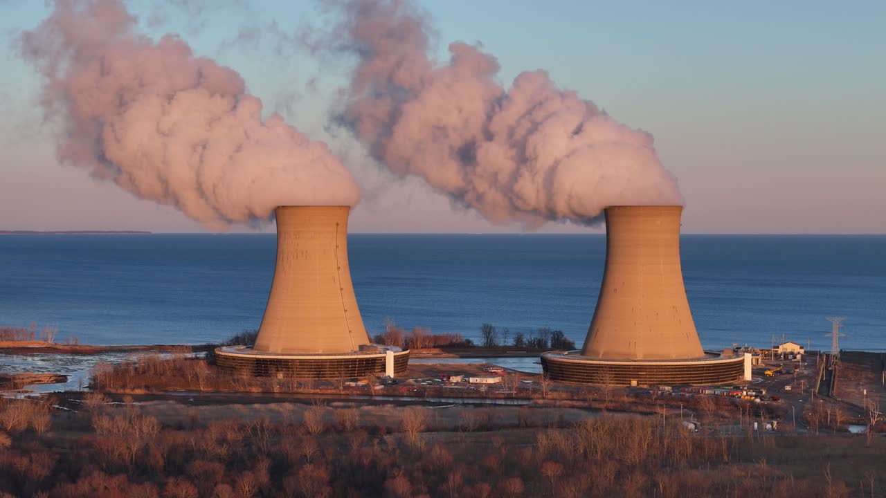 Twin cooling towers releasing vapor at Enrico Fermi II nuclear plant, Berlin Township, Michigan, USA