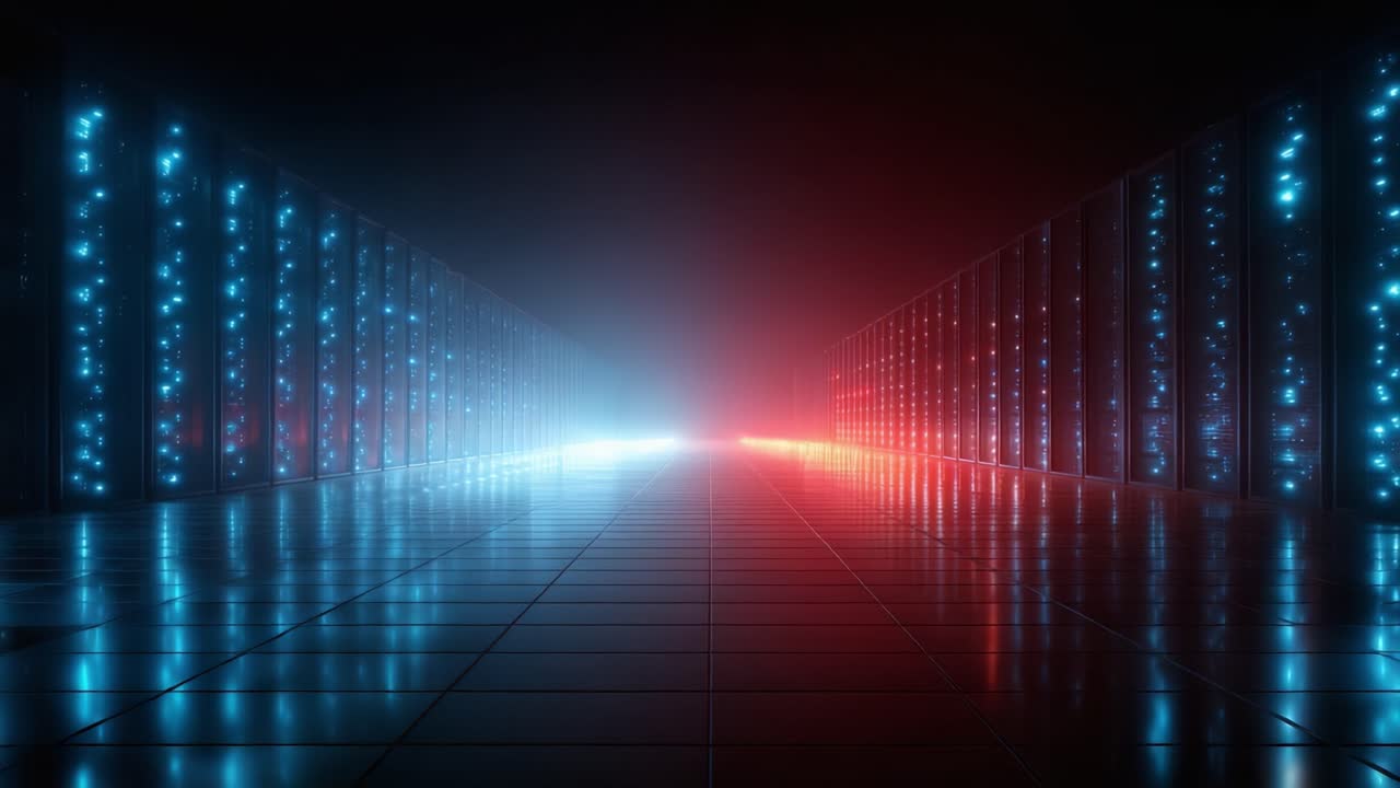 A Futuristic Display of Technology and Data: A Mesmerizing Corridor Flanked by Glowing Blue and Red Server Racks Reflecting in a Sleek, Modern Environment