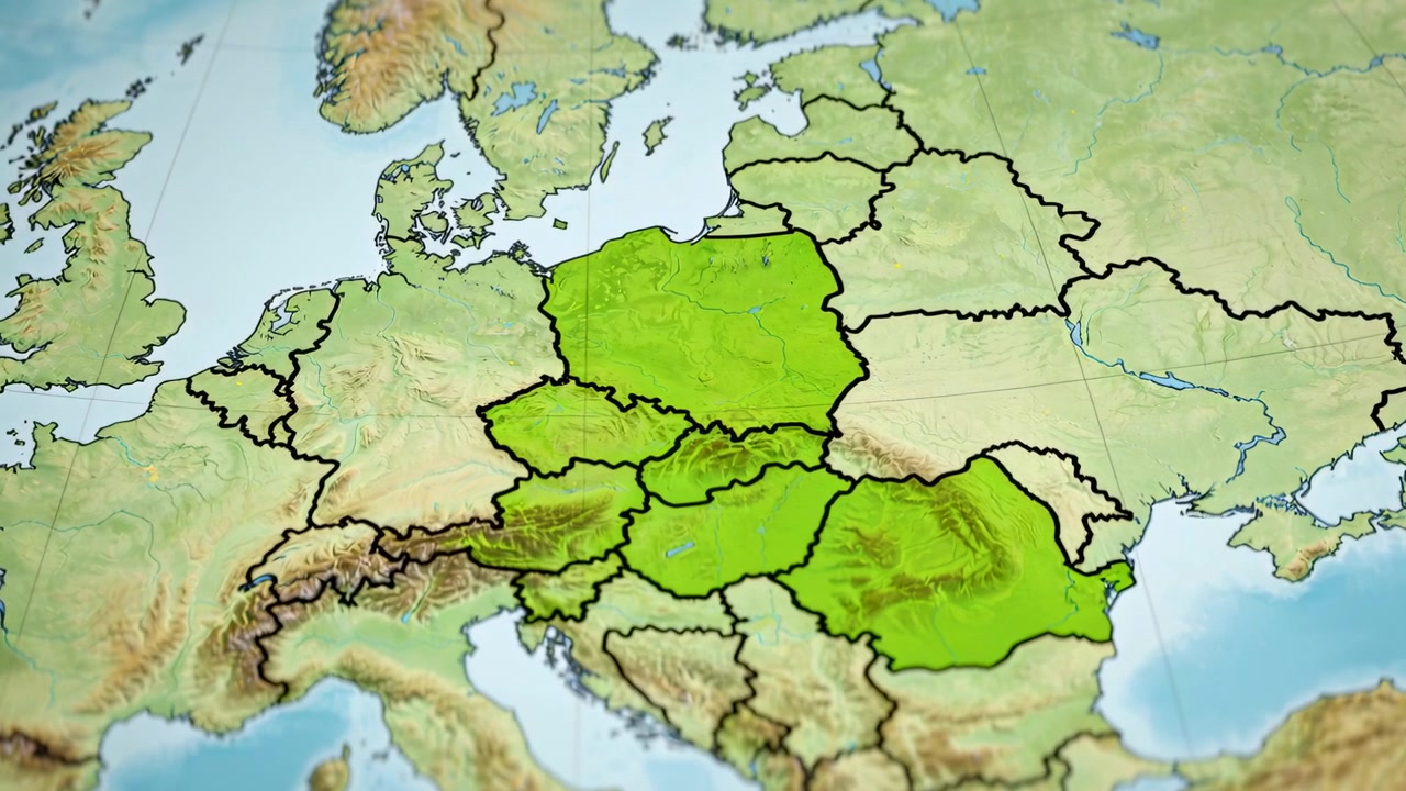Kamera panoramująca centrująca zielony region na trójwymiarowej mapie Europy, podkreślająca kontrast z czarnymi granicami.