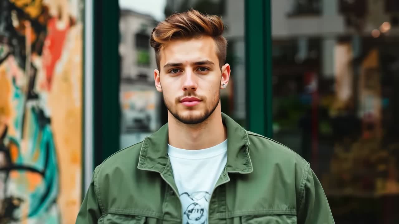 그라피티로 인 벽 앞에 서 있는 초록색 재을 입은 남자