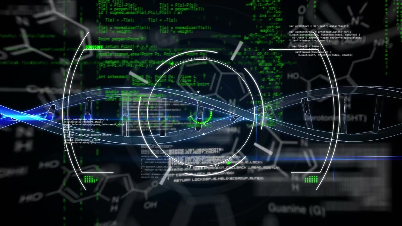 Animation of diverse data processing and dna on black background