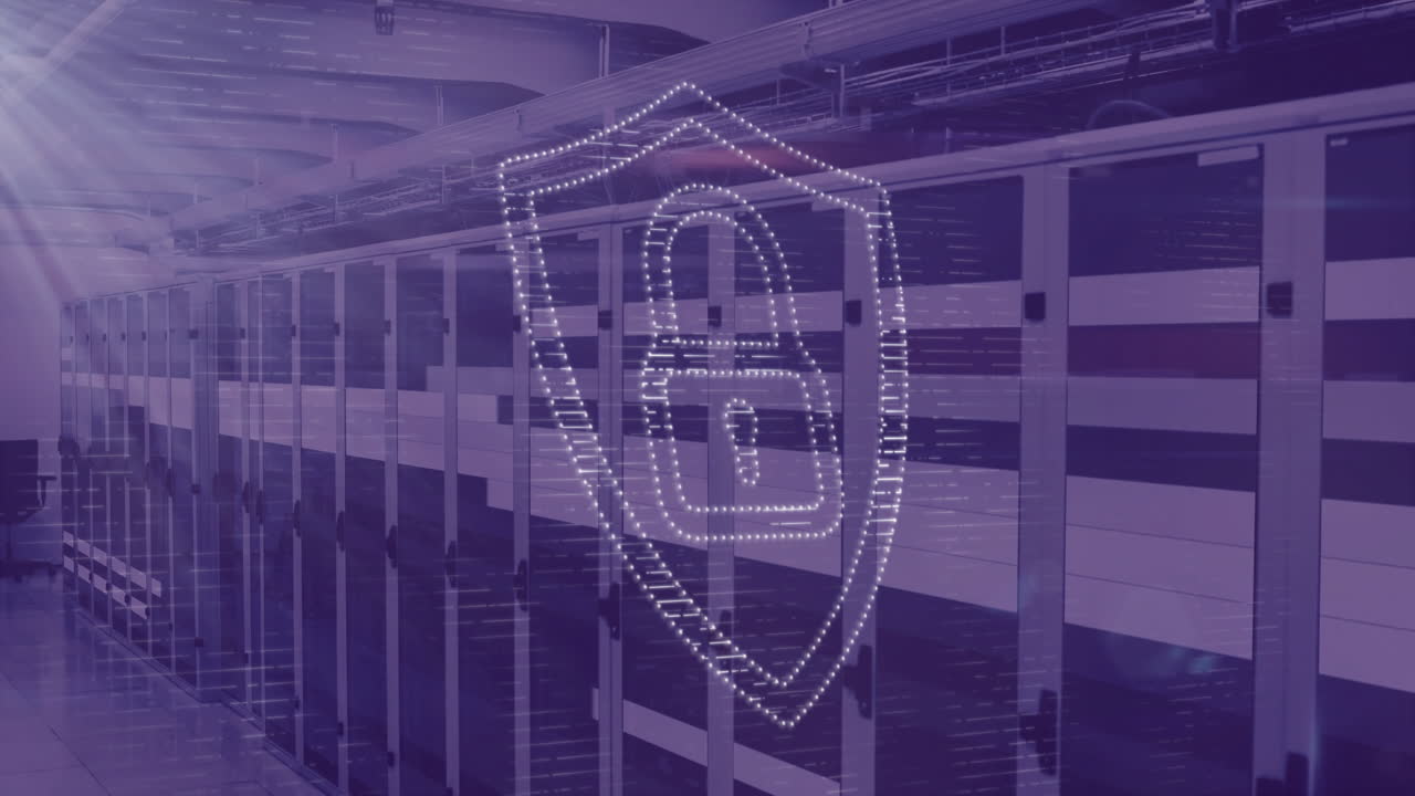 Digital lock and shield animation over server racks in data center