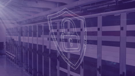 Digital lock and shield animation over server racks in data center