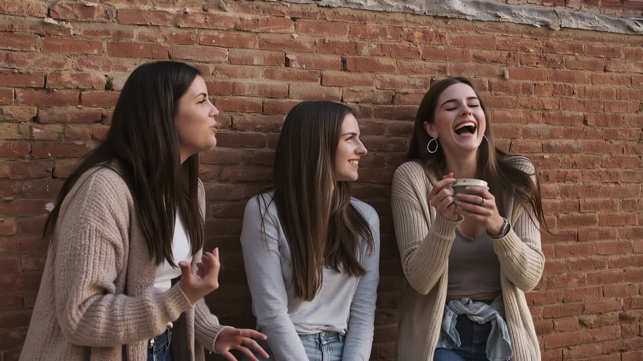 Video verticale: La donna a sinistra che racconta una barzelletta a un trio in cardigan che ride con una tazza vicino a un muro di mattoni.