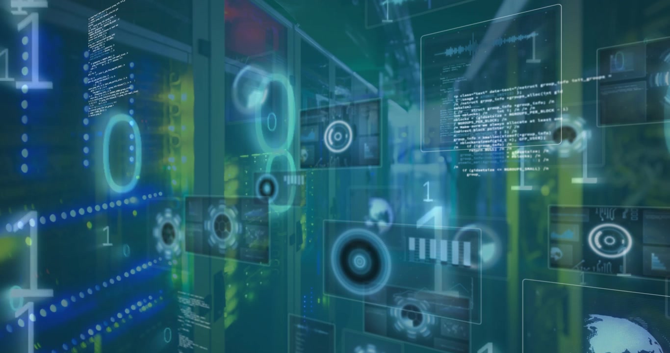 Animation of data processing and binary coding against computer server room