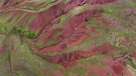 Aerial-fly-drone-view-of-Rainbow-Mountain-,-Vinicunca,-Cusco-Region,-Peru