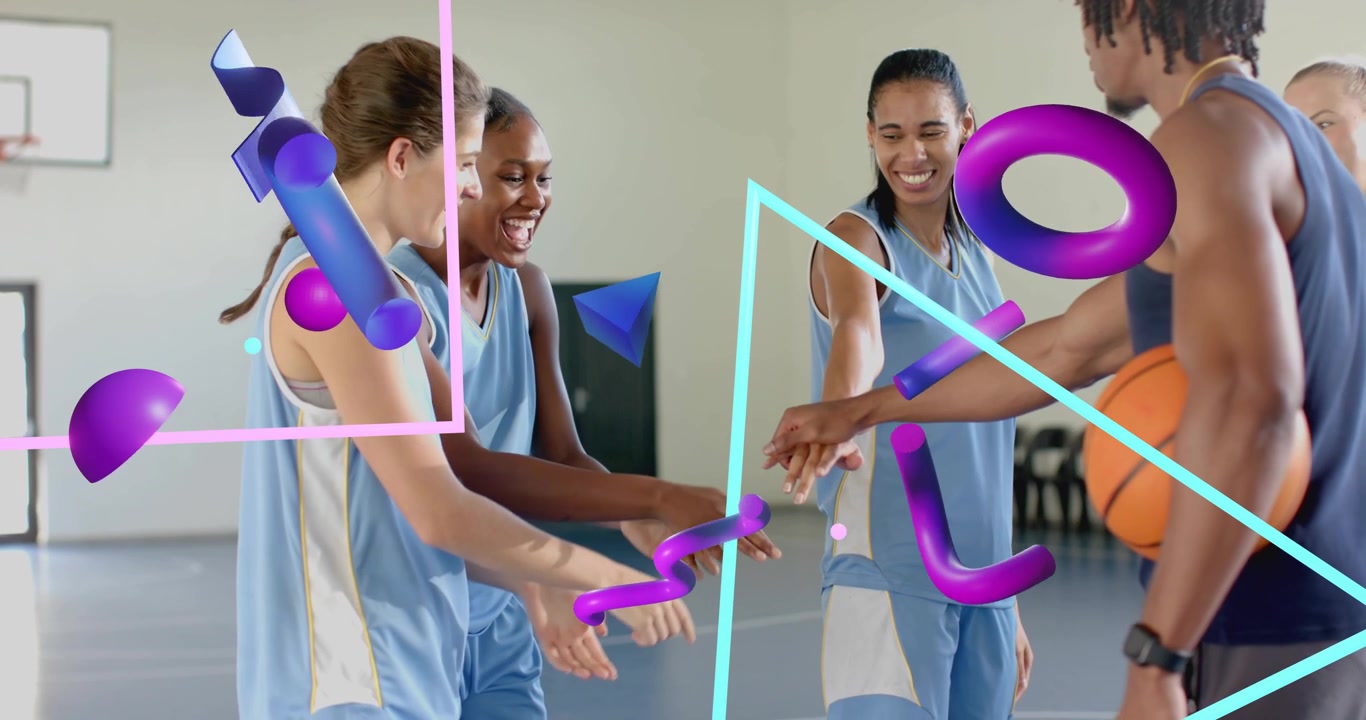 Coach entering court holding ball triggers animated play guide guiding players into strategy huddle