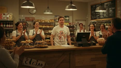 celebration at the bakery: a group of cheerful employees applauding their colleague's achievement in a cozy, inviting bakery setting with delicious treats on display
