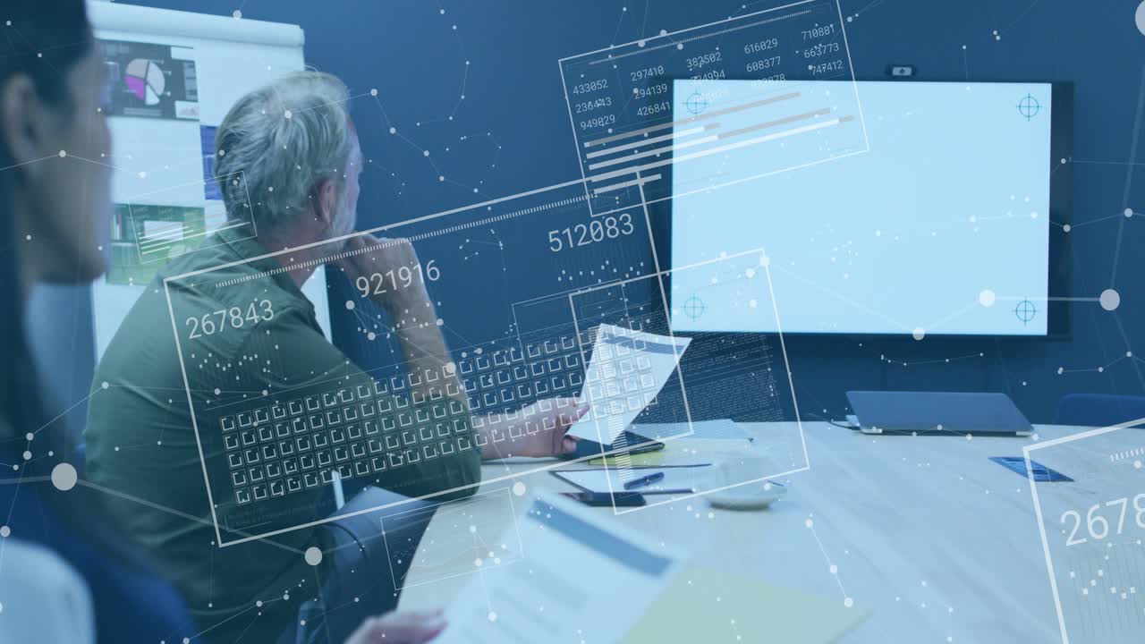 Manager studying report in business meeting, peer starting review, HUD updating over team and table