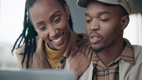 laugh, laptop or black couple in restaurant