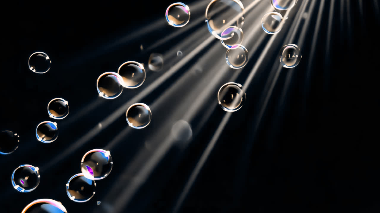 Bubbles illuminated by radiant light animated overlay, transparent 4K video, alpha channel, ProRes