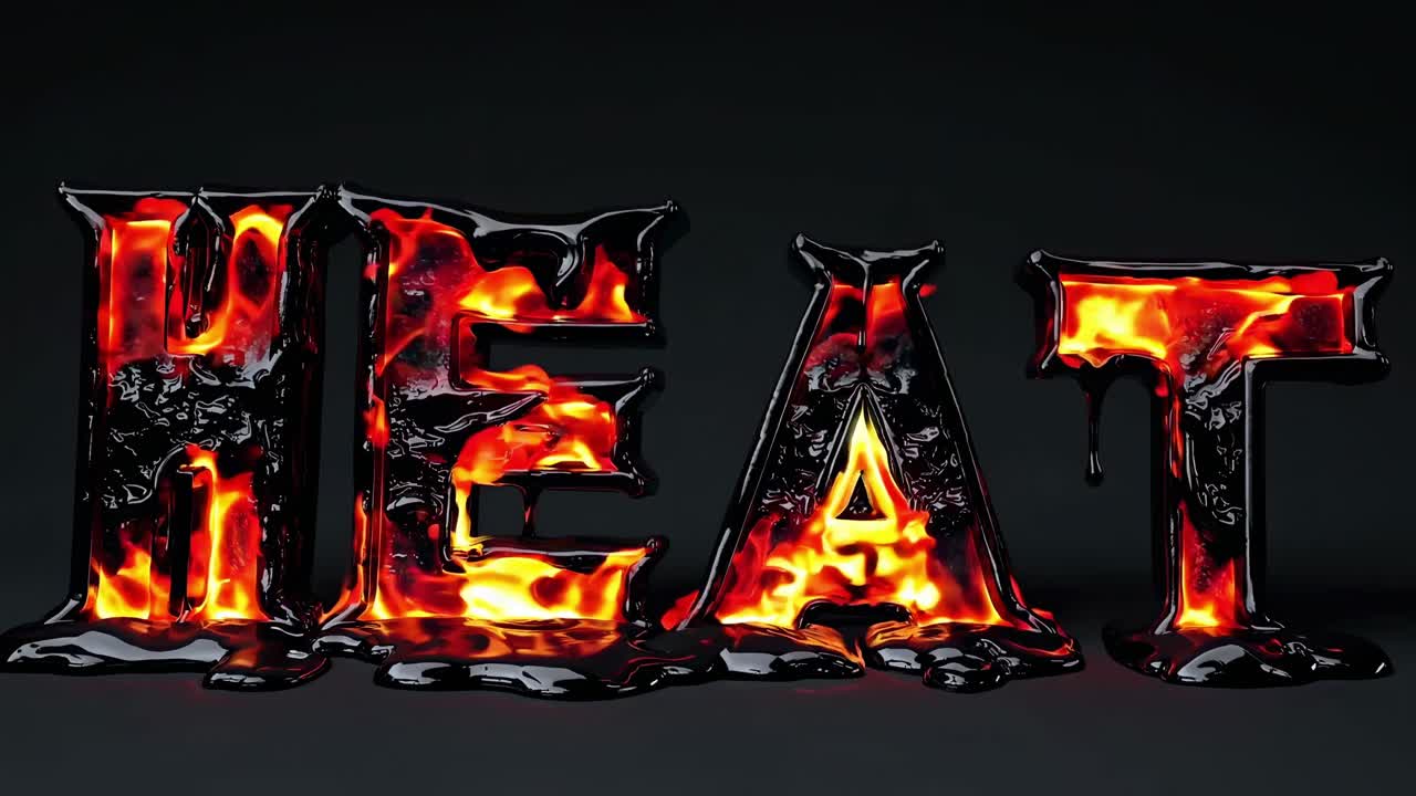 The word heat is formed by burning and melting letters on a dark background, creating a visual representation of intense warmth and temperature