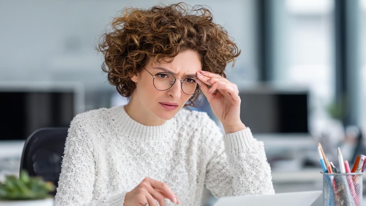 A young woman exhibiting signs of stress while working on a laptop in a modern office environment, demonstrating the challenges of multitasking and mental strain in the workplace