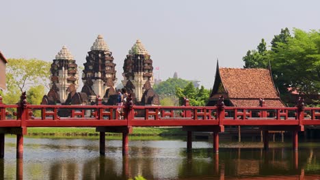 peaceful temple view with crossing pedestrians