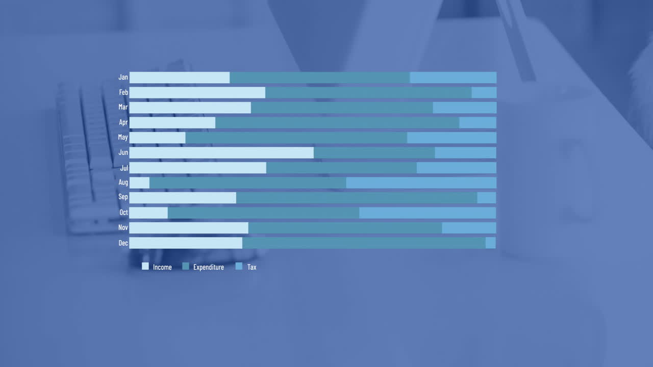 animación del procesamiento de datos financieros en computadora en el escritorio de la oficina y fondo azul