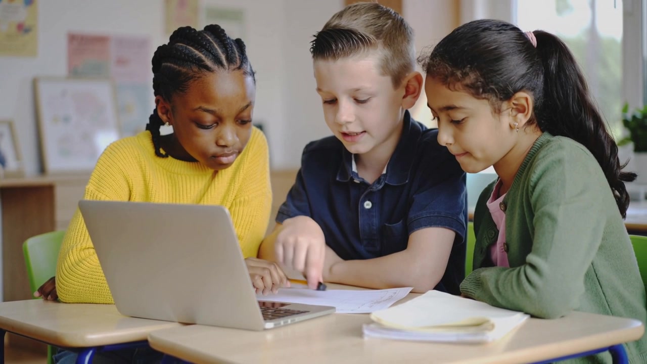 Pointing boy in navy polo reacting to worksheet, explaining answer in class with laptop and pencil