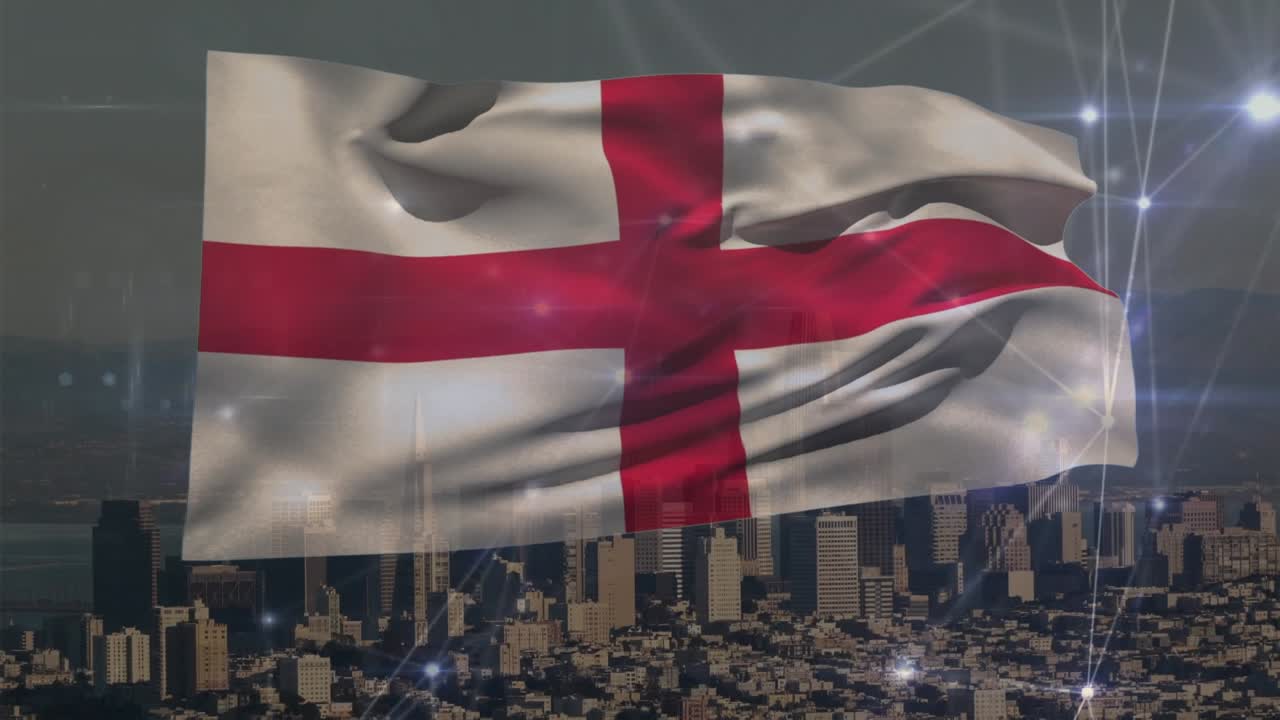 Animation af Englands flag over bybillede.