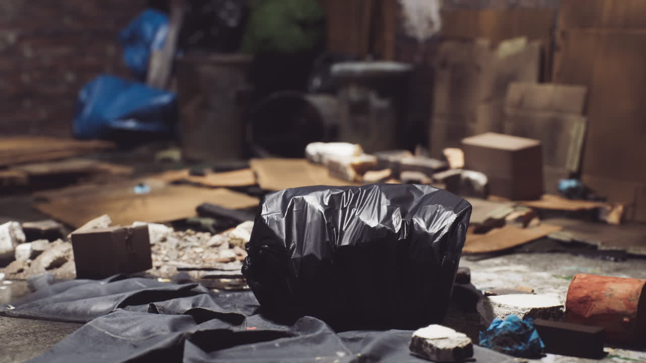 Messy Basement with Garbage Bag