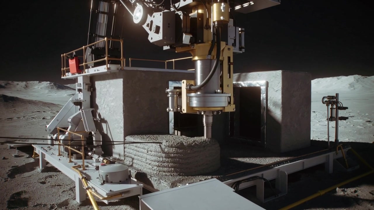 Receiving print command, gantry arm descending and laying wall for module on lunar base with cables