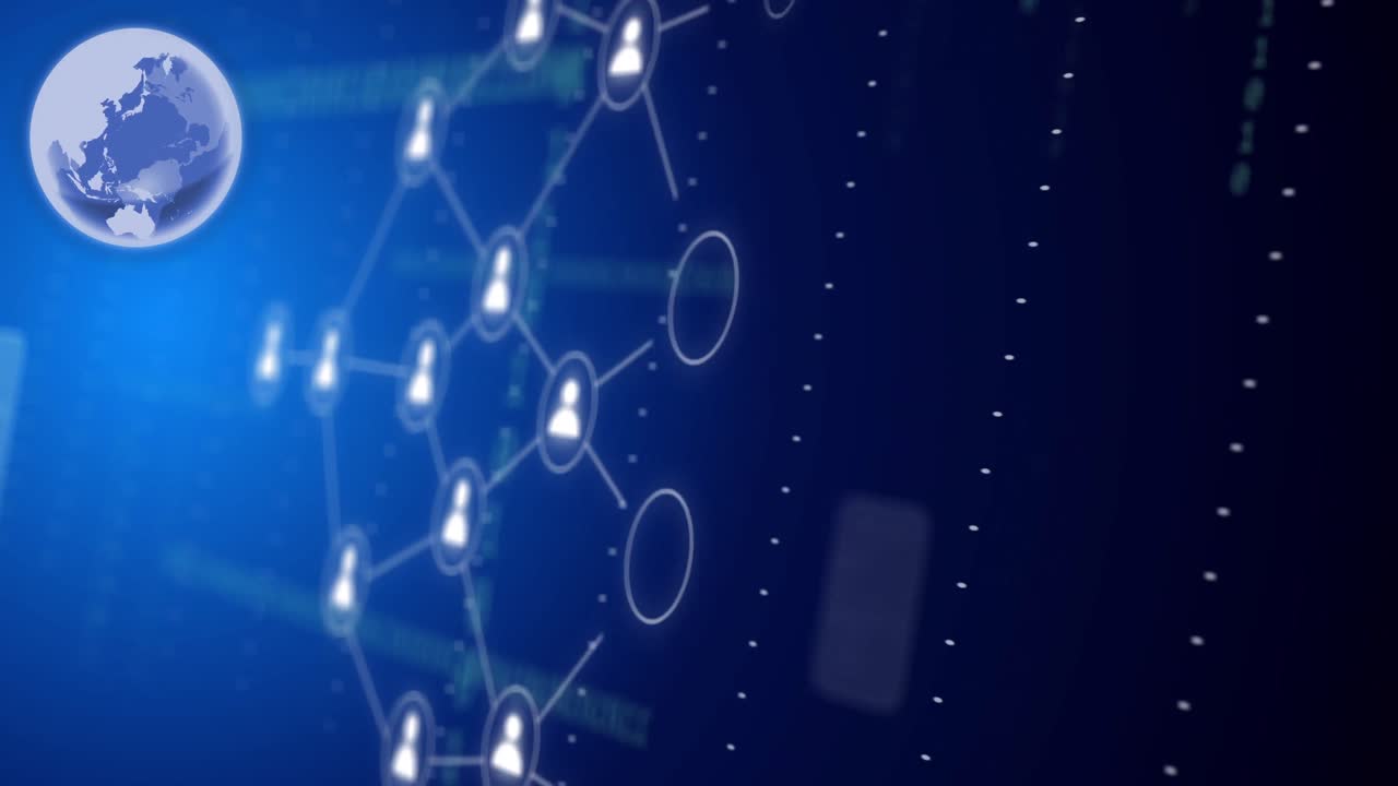 파란색 배경 위의 연결 및 데이터 처리의 애니메이션