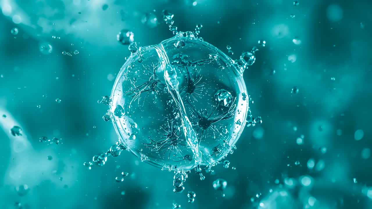 Illuminazione delle cuciture che causa la divisione della sfera d'acqua in fluido verde acqua, rivelando anello e goccioline luminose