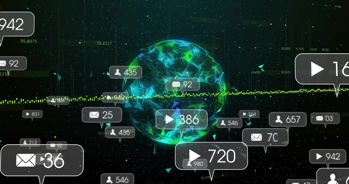 Icona play che emerge, globo rotante che genera bolle di avviso pulsanti che poi svaniscono, rivelando una forma d'onda.
