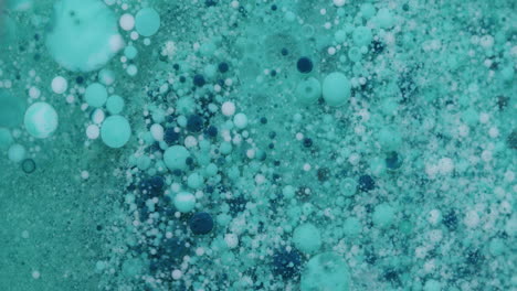 macro shot of small blue and turquoise bubbles moving in a transparent liquid