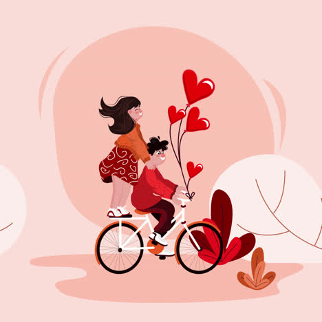 couple riding a bicycle with heart balloons