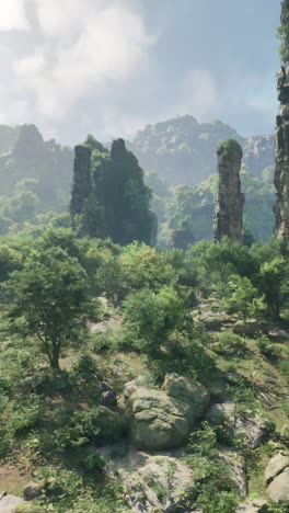 tall rock formations in a lush forest