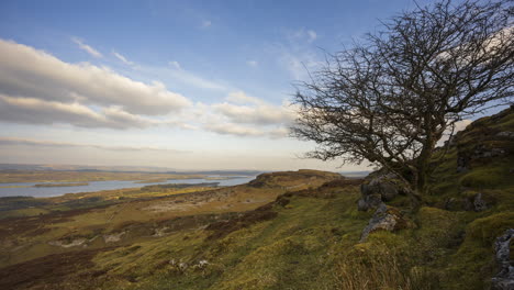 Time-lapse-of-rural-and-remote-landscape-of-grass,-trees-and-rocks-during-the-day-in-hills-of-Carrowkeel-in-county-Sligo,-Ireland