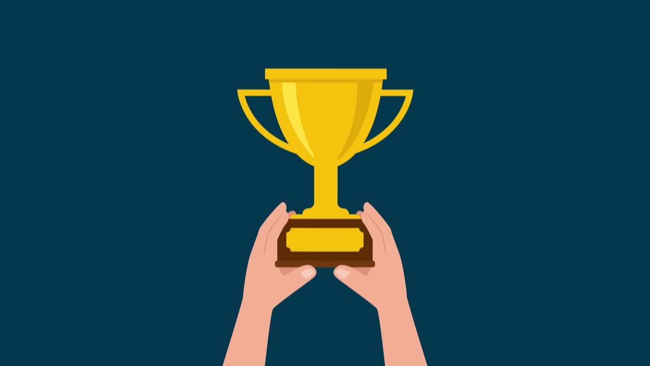 Animated Hands Holding a Golden Trophy of Success
