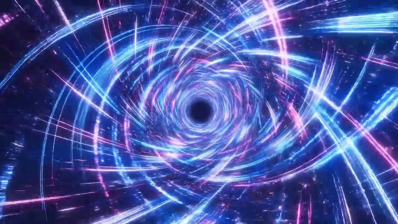 Tunnel a vortice al neon che si avvolge verso il centro, strisce di luce dinamiche blu e rosa che spiraleggiano in un vuoto centrale scuro