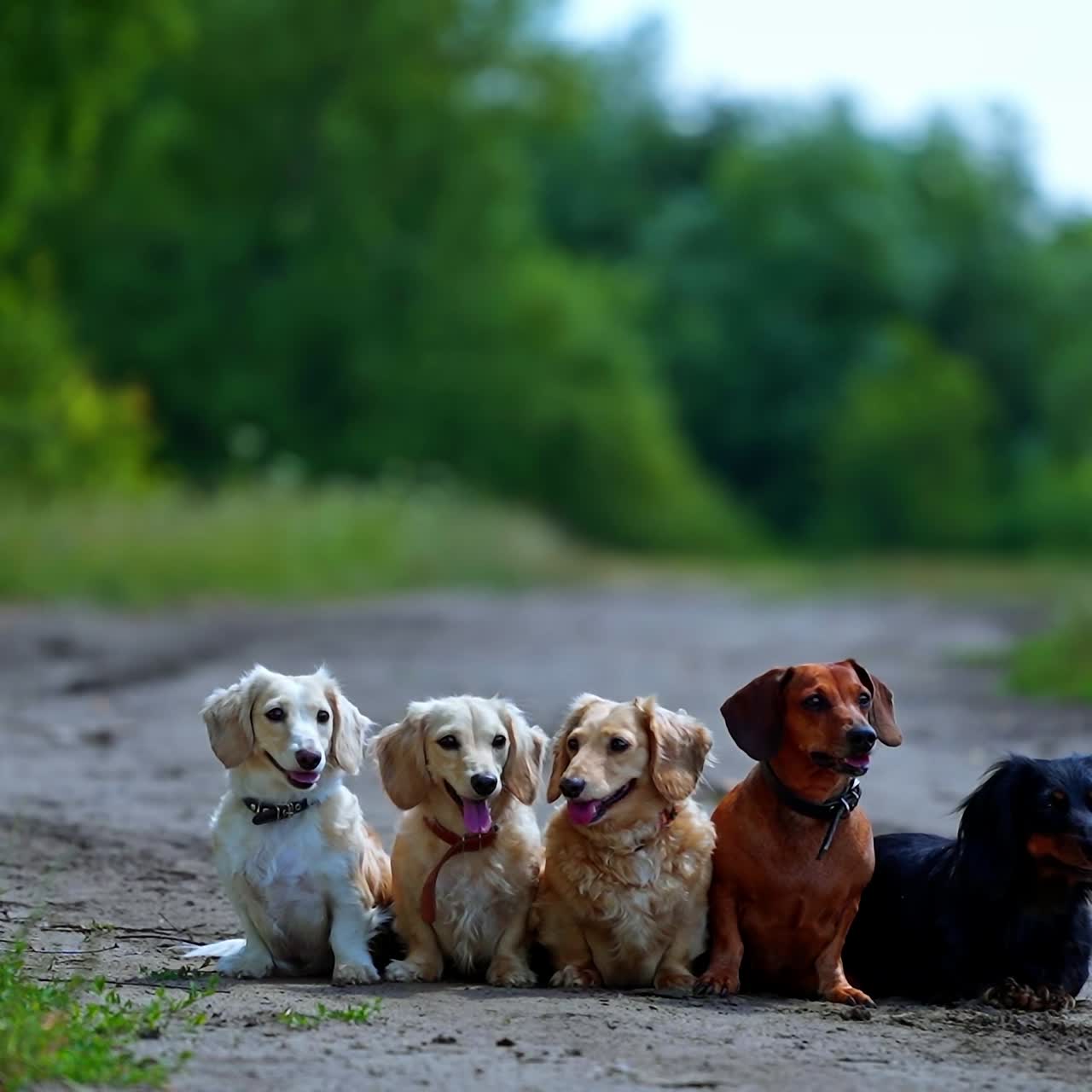 Funny dachshund dogs in the street. Group of pet animals sitting on the road and resting together. Portraits of five dogs on green nature background.
