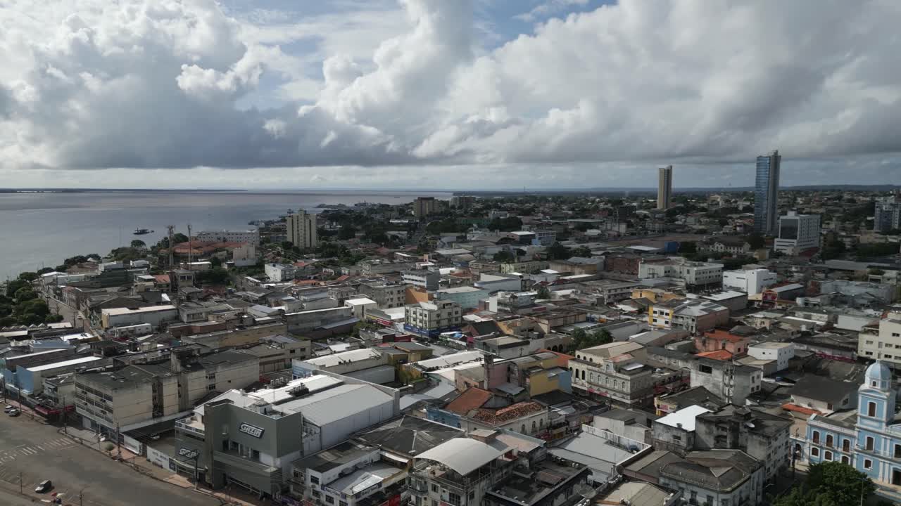 Aerial Drone Fly Above Santar&eacute;m City Brazil, Tapaj&oacute;s and Amazon River Waterfront, Cityscape in Par&aacute; State