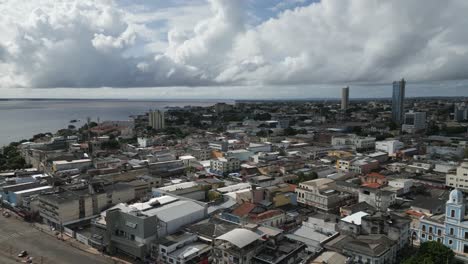 aerial drone fly above santarém city brazil, tapajós and amazon river waterfront, cityscape in pará state