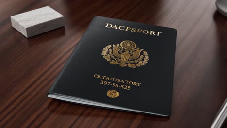 a black passport lying on a wooden desk