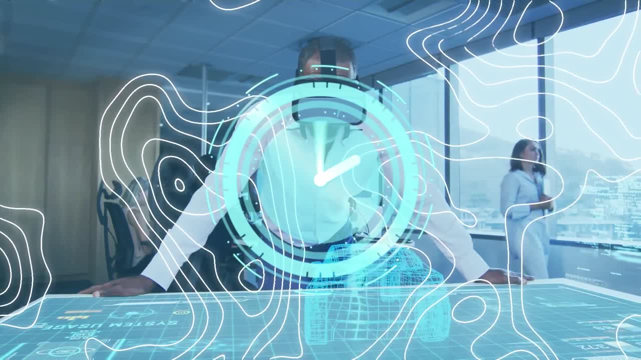 Animation of clock and moving contour lines over man in vr headset working in office