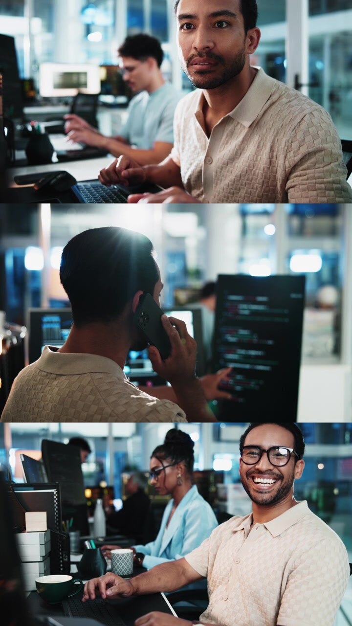 Smiling Software Developer Working at Desk in Modern Office